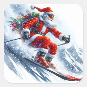 Der Weihnachtsmann macht Spaß beim Skifahren Quadratischer Aufkleber