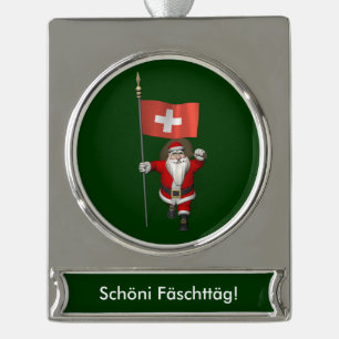 Der Weihnachtsmann mit Abzeichen der Schweiz Banner-Ornament Silber