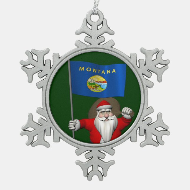 Der Weihnachtsmann mit Abzeichen von Montana Schneeflocken Zinn-Ornament (Vorderseite)