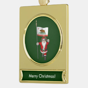 Der Weihnachtsmann mit dem Ende Kaliforniens Banner-Ornament Gold