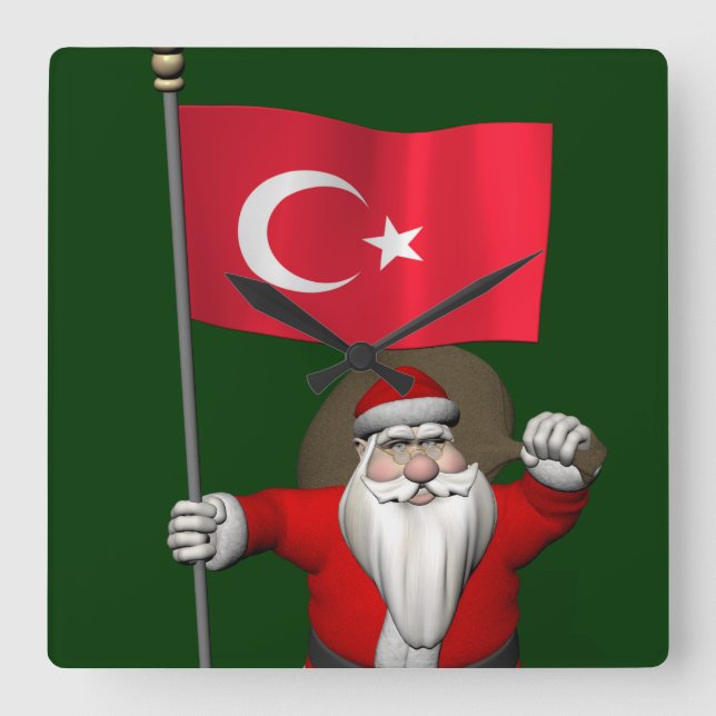 Der Weihnachtsmann mit der Flagge der Türkei Quadratische Wanduhr (Vorderseite)