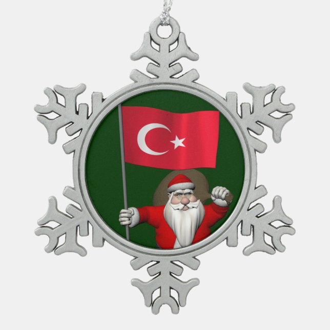 Der Weihnachtsmann mit der Flagge der Türkei Schneeflocken Zinn-Ornament (Vorderseite)