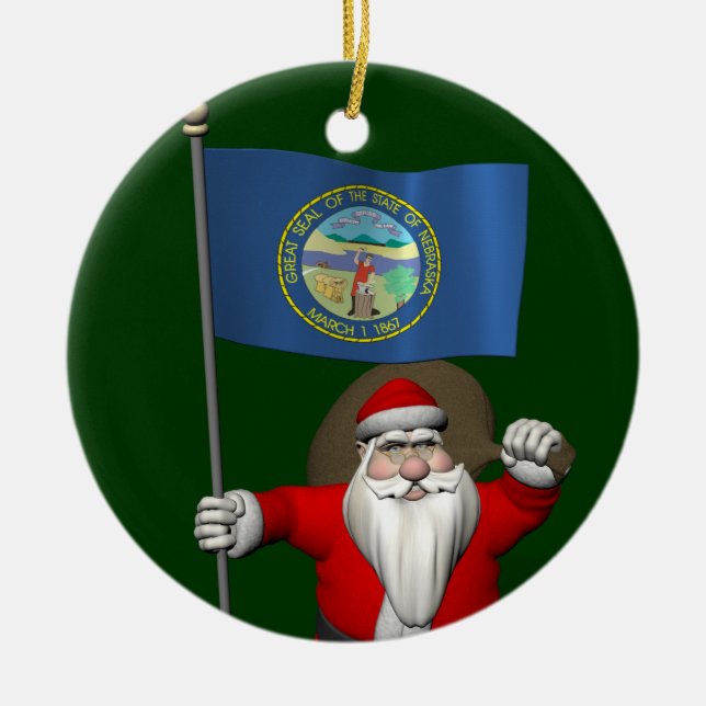 Der Weihnachtsmann mit der Flagge Nebraskas Keramik Ornament (Vorne)