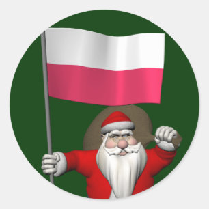Der Weihnachtsmann mit der Flagge Polens Runder Aufkleber