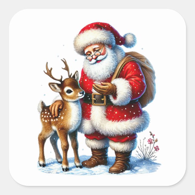 Der Weihnachtsmann mit einem freundlichen Hirschen Quadratischer Aufkleber (Vorderseite)