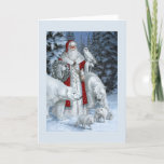 Der Weihnachtsmann mit einer Schüssel und einem Po Feiertagskarte<br><div class="desc">Vintager Weihnachtsmann mit Uhu und Eisbären-Illustration.</div>