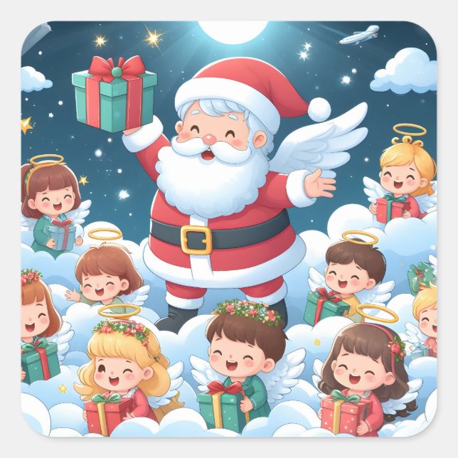 Der Weihnachtsmann mit Kindern Quadratischer Aufkleber (Vorderseite)