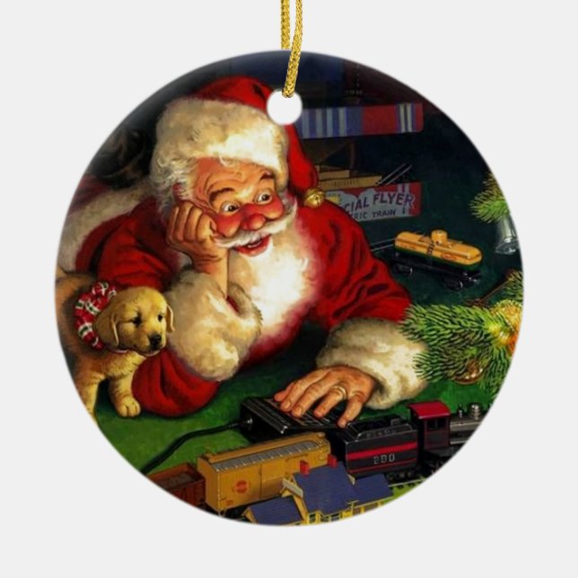 Der Weihnachtsmann mit Welpe Keramik Ornament (Vorne)