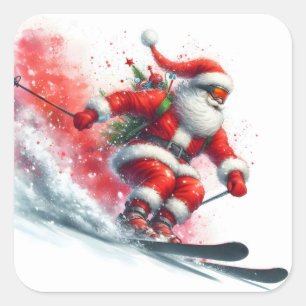 Der Weihnachtsmann Skifahren auf dem Snowy Mountai Quadratischer Aufkleber