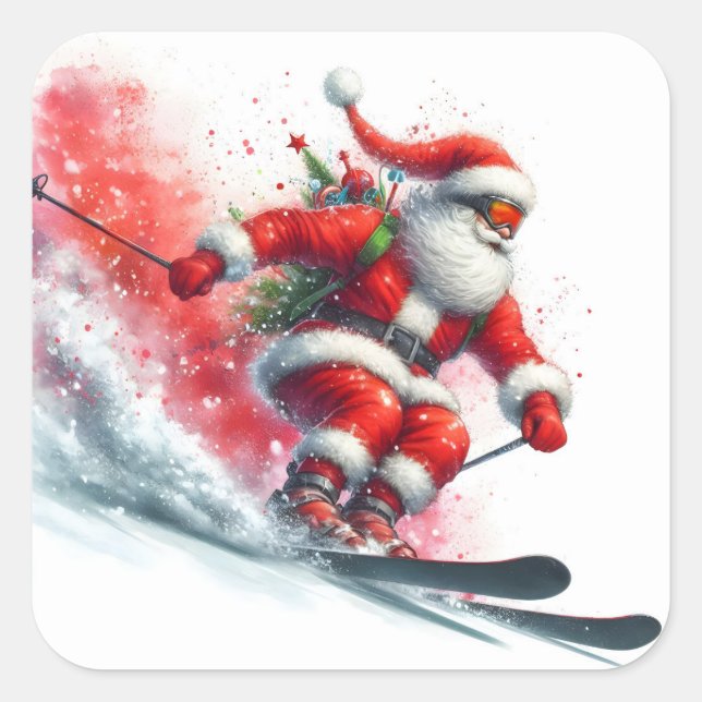 Der Weihnachtsmann Skifahren auf dem Snowy Mountai Quadratischer Aufkleber (Vorderseite)