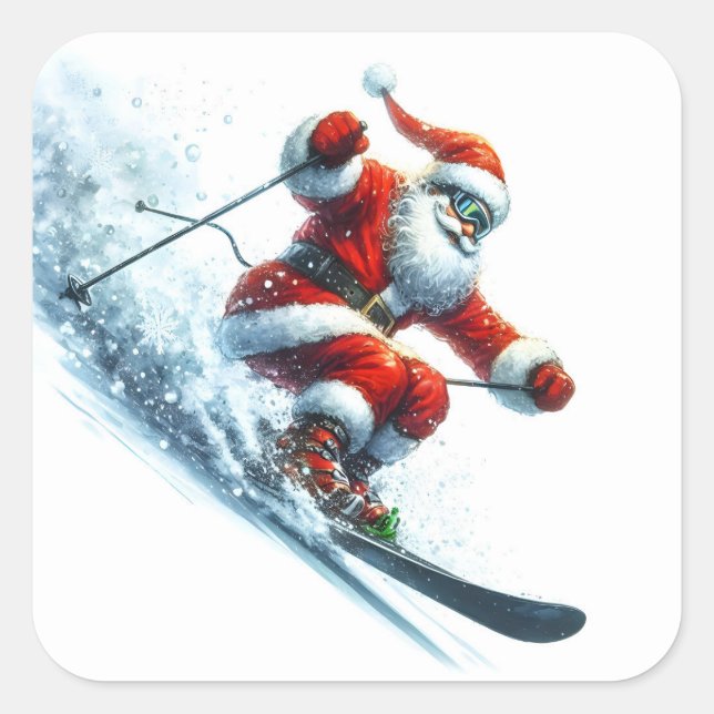 Der Weihnachtsmann Skifahren auf dem Snowy Mountai Quadratischer Aufkleber (Vorderseite)