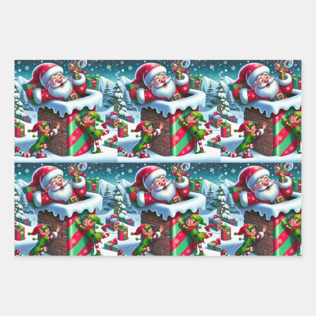 Der Weihnachtsmann steckt in einem Kamin mit spiel Geschenkpapier Set (Vorderseite)