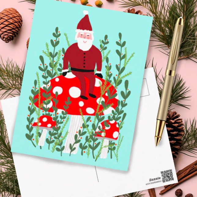 Der Weihnachtsmann über das Magische Pilz Weihnach Postkarte (Cute Santa elf on a mushroom adorable fun Christmas holiday postcard)