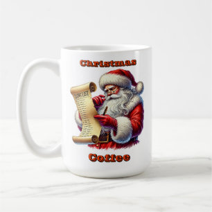 Der Weihnachtsmann überprüft seine lange Liste der Kaffeetasse