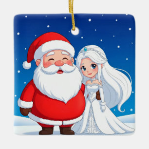 Der Weihnachtsmann umarmt eine Schneekönigin Keramikornament