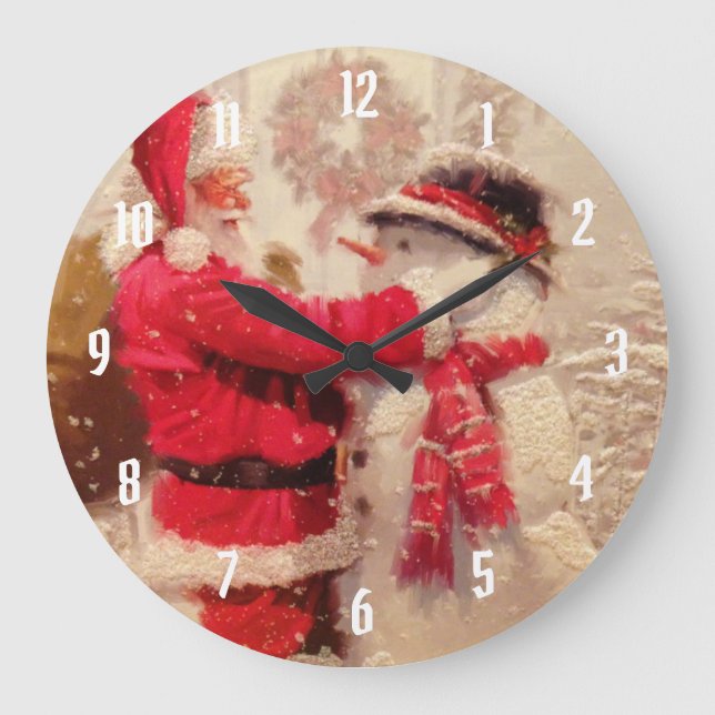 Der Weihnachtsmann und Schneemann im Schnee Große Wanduhr (Vorderseite)