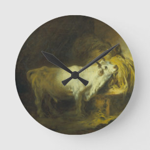 Der weiße Stier im stabilen (Öl auf Leinwand) Runde Wanduhr