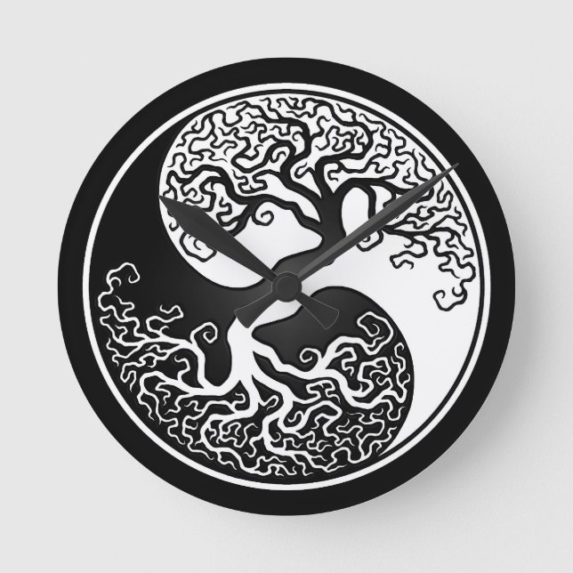 Der weiße und schwarze Baum des Lebens Yin Yang Runde Wanduhr (Vorderseite)