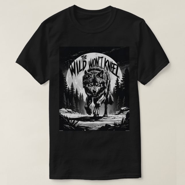 Der Wilde wird nicht knien - Wolf unter dem Mond T-Shirt (Design vorne)