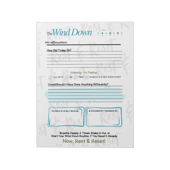 Der WIND DOWN – 5-Minuten-Abend-Journal-Notizblock Notizblock (Rotiert)