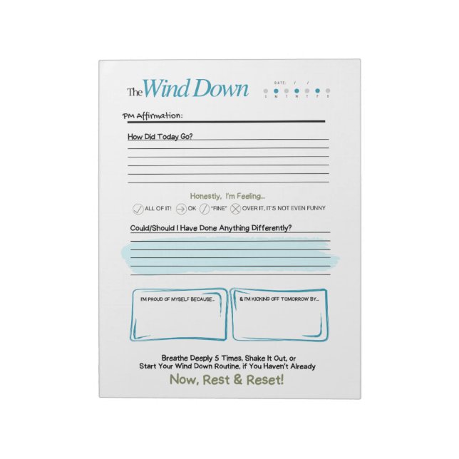 Der WIND DOWN – 5-Minuten-Abend-Journal-Notizblock Notizblock (Rotiert)