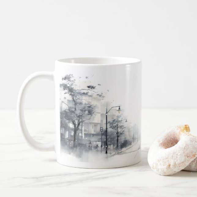 Der Winter in der Straße Kaffeetasse (Mit Donut)