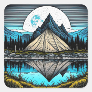 Der Zelt am See im Gebirge Quadratischer Aufkleber