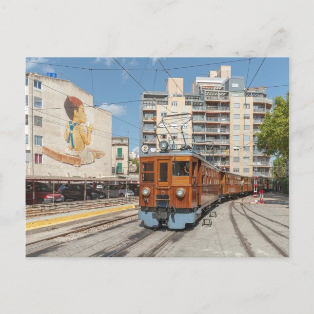 Der Zug von Sollér kommt in Palma, Mallorca an. Postkarte (Vorderseite)