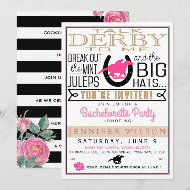 Derby Bachelorette, Schwarz/Gold/Rosen, für die Ro Einladung (Vorne/Hinten)