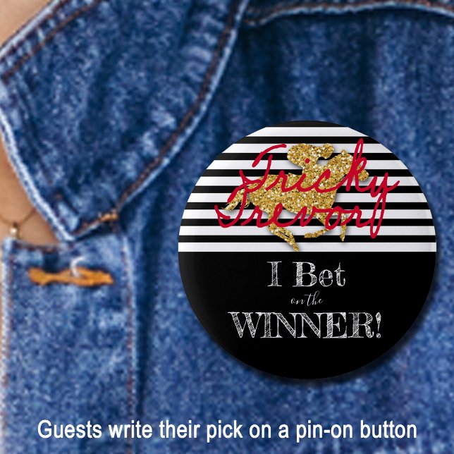 Derby Bet Gold Racehorse auf schwarzen Streifen Button (Give your guests a red pen and a pin-on button to write their derby winner pick.)