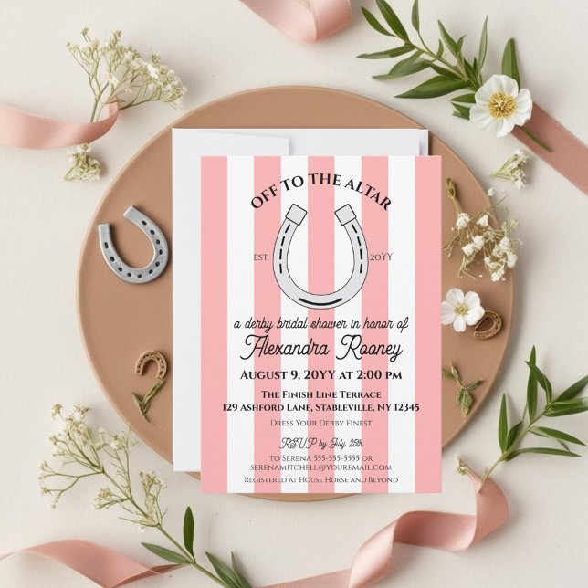 Derby Brautparty Pink Cabana Stripes Horseshoe Einladung (Pink cabana stripes and a horseshoe for a chic derby themed bridal shower)