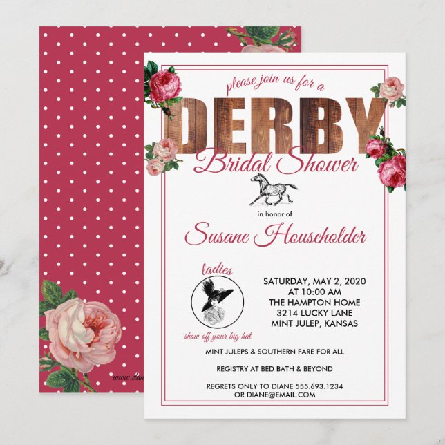 Derby Brautparty Racing Rose Einladung (Vorne/Hinten)