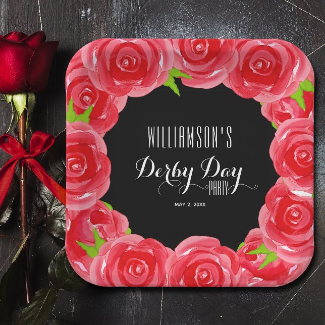 Derby Day Rote Rosen Square Pappteller (Derby Day Red Roses Square Paper Plates)