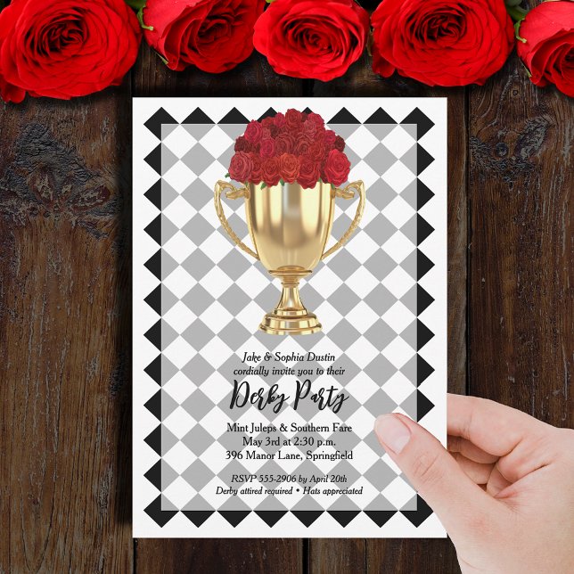 Derby Day Trophy und Rose Einladung (Derby Day trophy and red roses on diamond checks invitations - PRINTED and/or INSTANT DOWNLOAD)