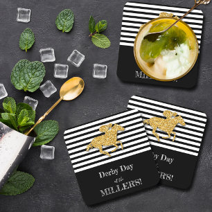 Derby Gold Racehorse and Jockey on Black Stripes Getränkeuntersetzer