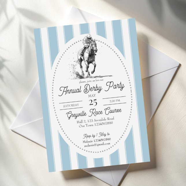 Derby horse racing party elegant stripes einladung (Derby horse racing party elegant invitation cards template retro dusty blue stripes derby invites)