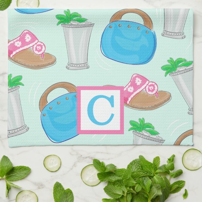 Derby Mint Julep Preppy Monogram Geschirrtuch (Gefaltet)