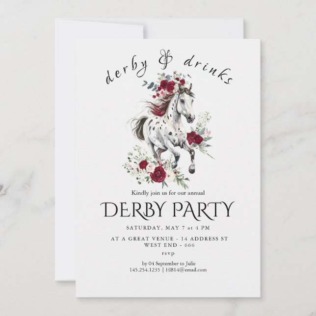 Derby Party Invitation – Floral Horse Head with Ro Einladung (Vorderseite)
