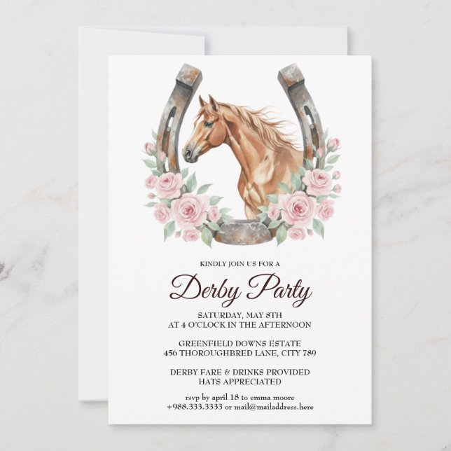 Derby Party Invitation with Horse & Floral Art Einladung (Vorderseite)