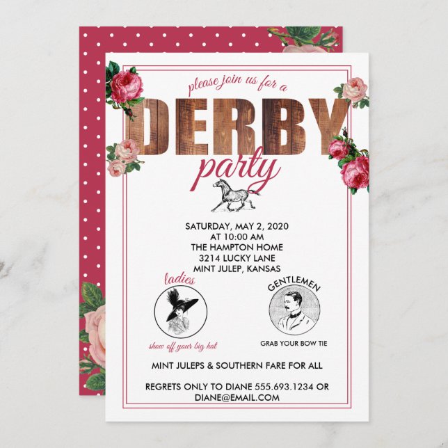 Derby Party Racing Rose Einladung (Vorne/Hinten)