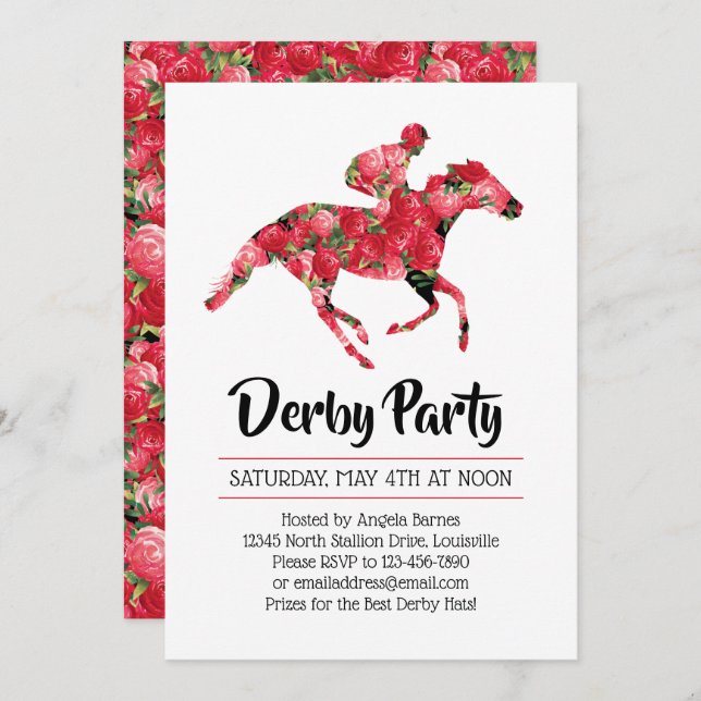 Derby Party Rote Rosen Racehorse Einladung (Vorne/Hinten)