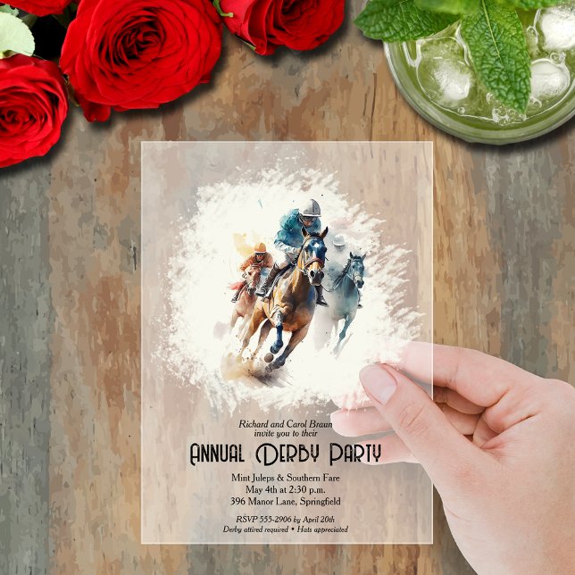 Derby Racehorses and Jockeys Party Acryleinladungen (Derby racehorses and jockeys  frosted acrylic party invitations)