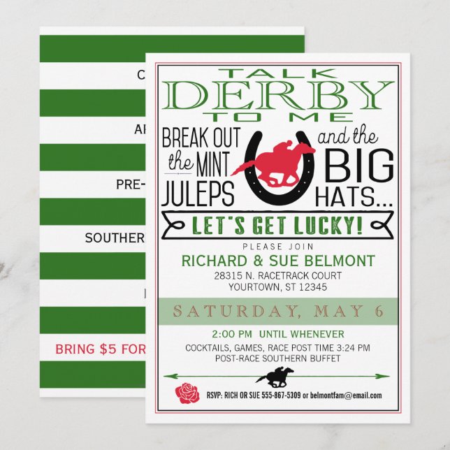 Derby Racing Party Blk/Red/Dk Kelly Einladung (Vorne/Hinten)