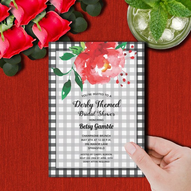 Derby Rose Gingham Brautparty Einladung (Red rose on black and white gingham Derby-themed bridal shower invitations)