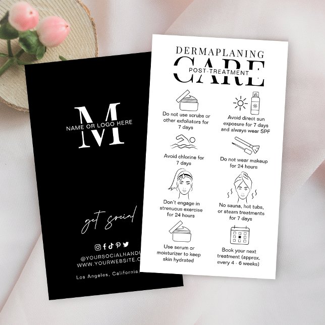 Dermaplaning Aftercare Instructions Minimal Salon Visitenkarte (Minimalist dermaplaning care cards with icons, space for your logo and minimalist design)