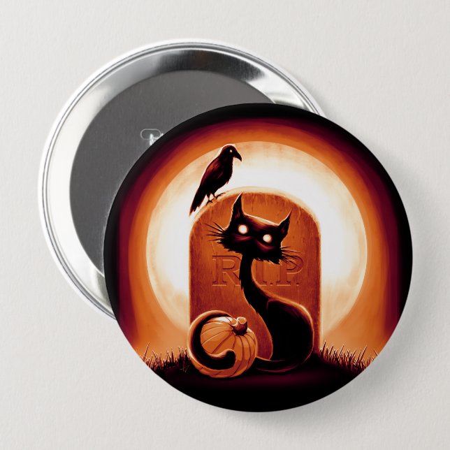 Derpy Halloween Cat von einem Grabstein Button (Vorne & Hinten)