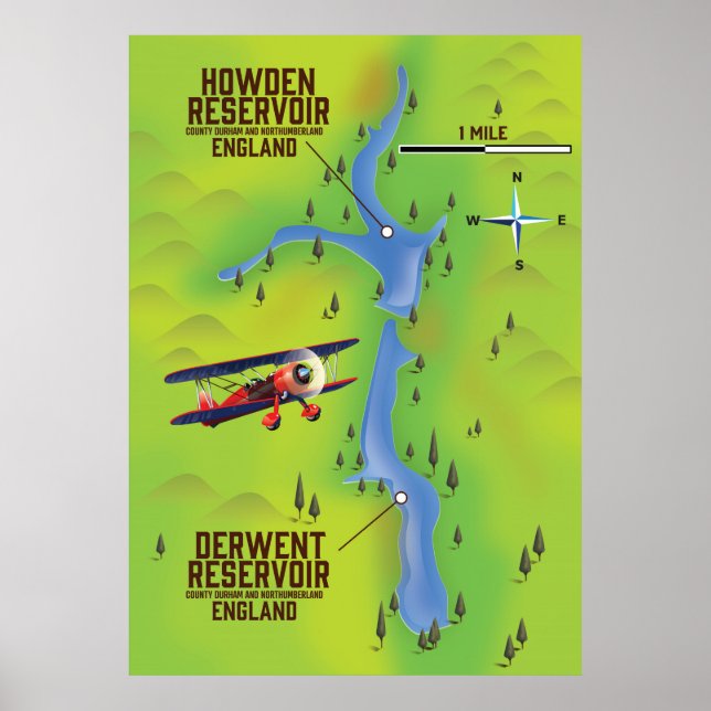 Derwent & Howden Reservoirs Kartenplakat Poster (Vorne)