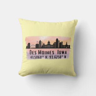 Des Moines IA City Skyline Latitude und Longitude Kissen