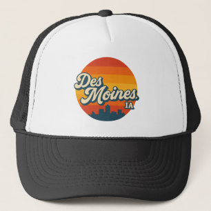 Des Moines Iowa Retro Skyline Vintager Sonnenunt Truckerkappe