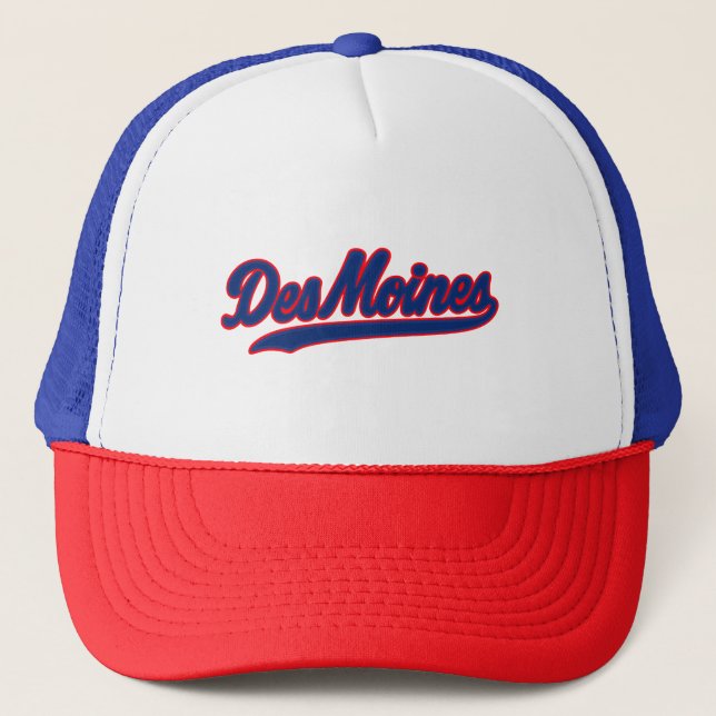 Des Moines Iowa Script Design | Retro City Truckerkappe (Vorderseite)